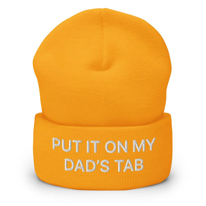 Put It on My Dad’s Tab Embroidered Knit Cuffed Beanie - Gold