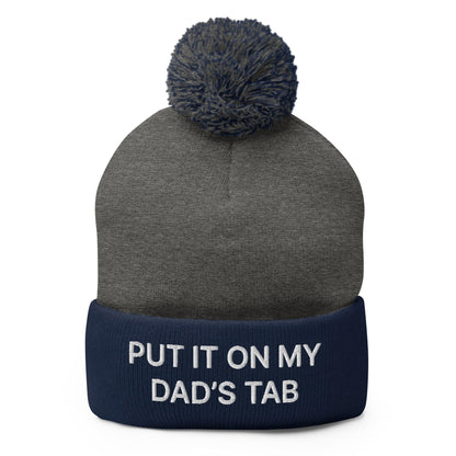 Put It on My Dad’s Tab Embroidered Knit Pom Beanie - Dark Heather Grey/ Navy