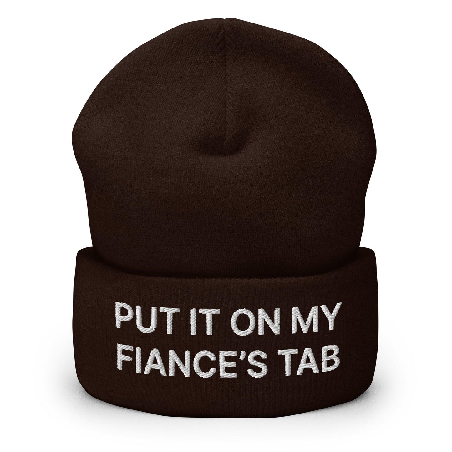 Put It on My Fiance’s Tab Embroidered Knit Cuffed Beanie - Brown