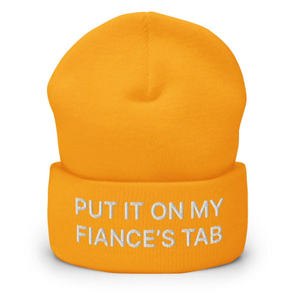 Put It on My Fiance’s Tab Embroidered Knit Cuffed Beanie - Gold