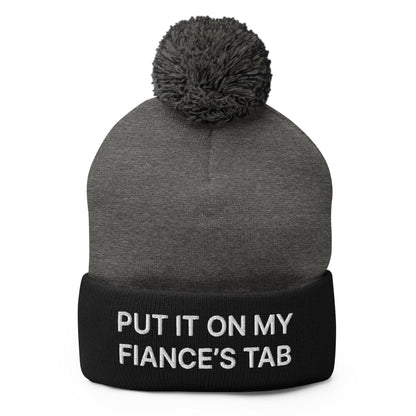 Put It on My Fiance’s Tab Embroidered Knit Pom Beanie - Dark Heather Grey/ Black