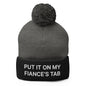 Put It on My Fiance’s Tab Embroidered Knit Pom Beanie - Dark Heather Grey/ Black