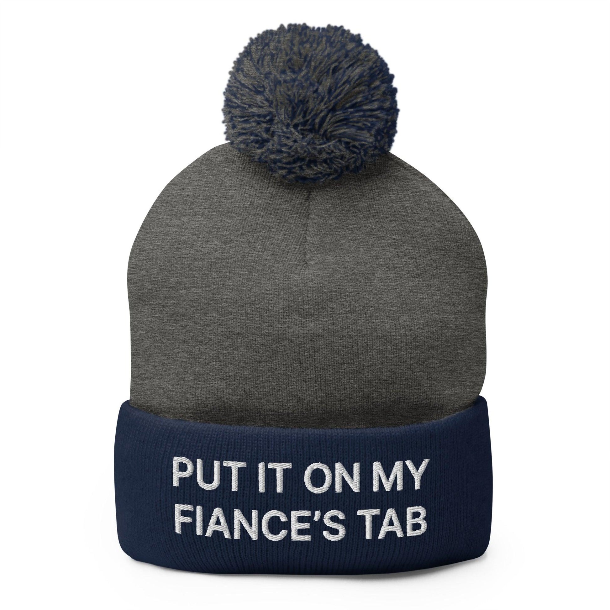 Put It on My Fiance’s Tab Embroidered Knit Pom Beanie - Dark Heather Grey/ Navy