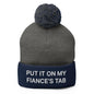 Put It on My Fiance’s Tab Embroidered Knit Pom Beanie - Dark Heather Grey/ Navy