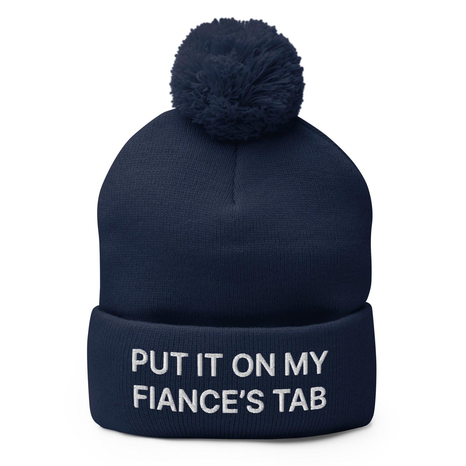 Put It on My Fiance’s Tab Embroidered Knit Pom Beanie - Navy