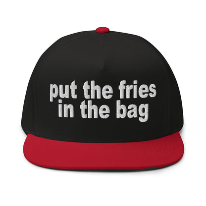 Put the Fries in Bag Embroidered 5 Panel Flat Bill Brim Snapback Hat - Black/ Red