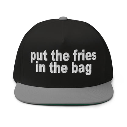 Put the Fries in Bag Embroidered 5 Panel Flat Bill Brim Snapback Hat - Black/ Grey