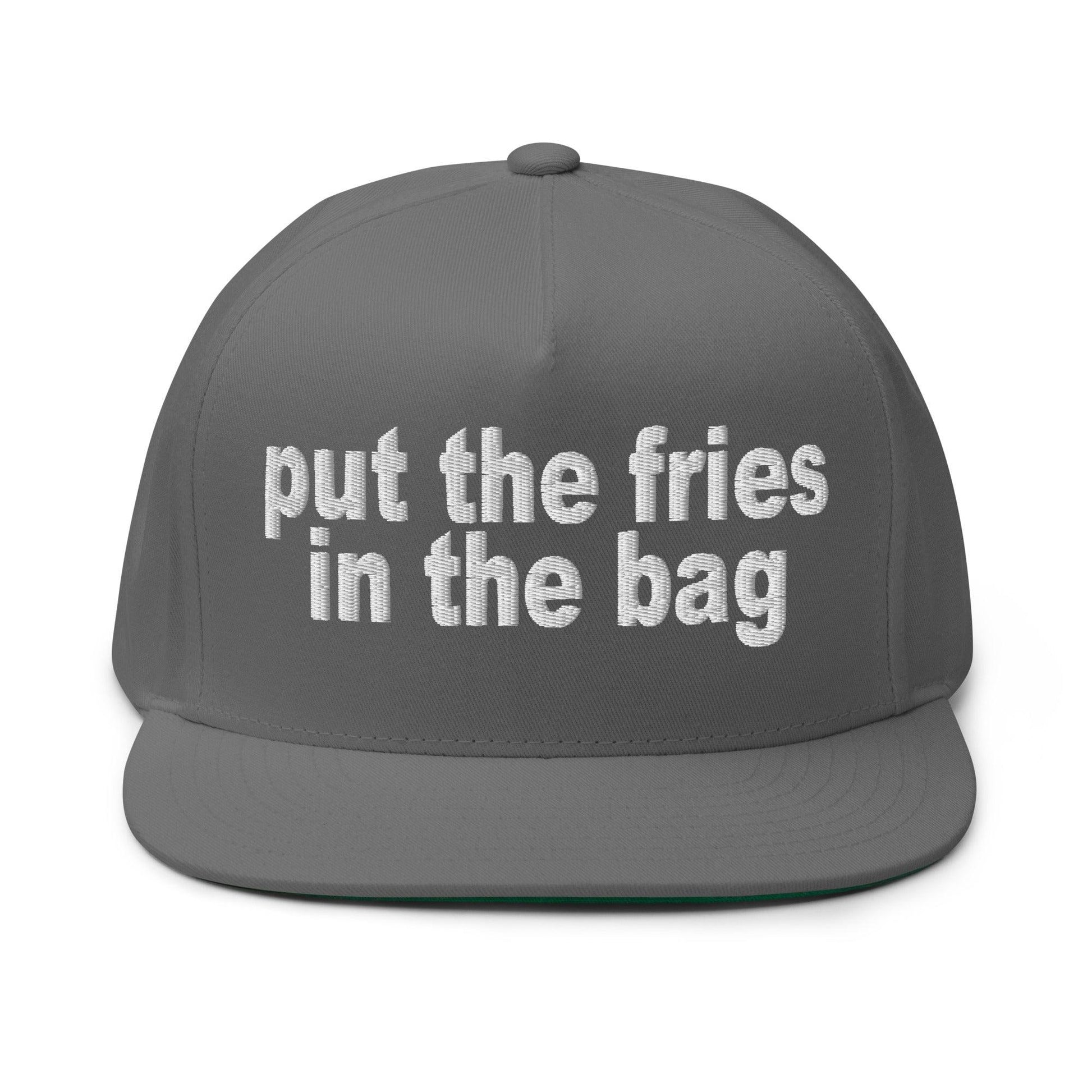 Put the Fries in Bag Embroidered 5 Panel Flat Bill Brim Snapback Hat - Grey