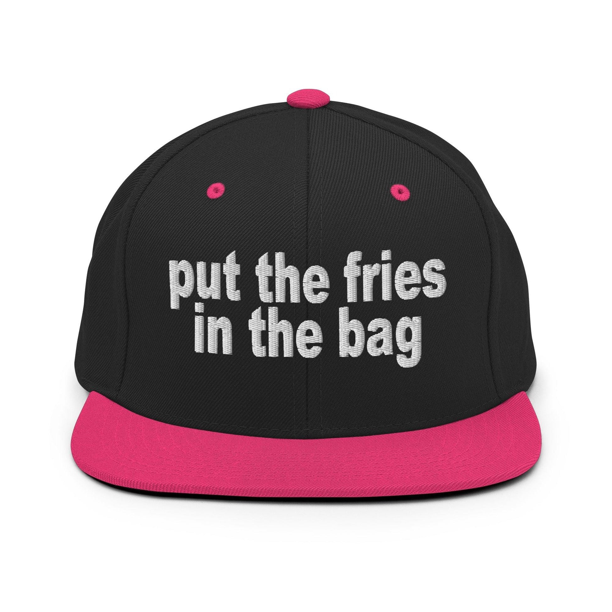 Put the Fries in Bag Embroidered Flat Bill Brim Snapback Hat - Black/ Neon Pink