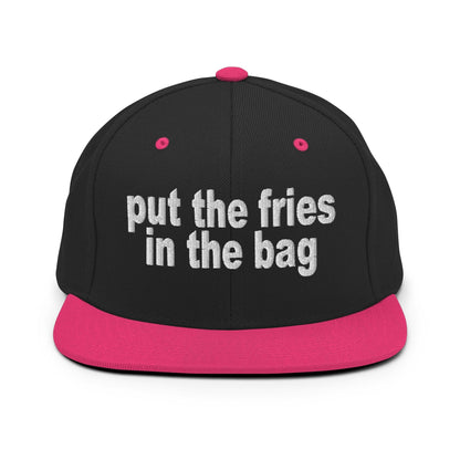 Put the Fries in Bag Embroidered Flat Bill Brim Snapback Hat - Black/ Neon Pink