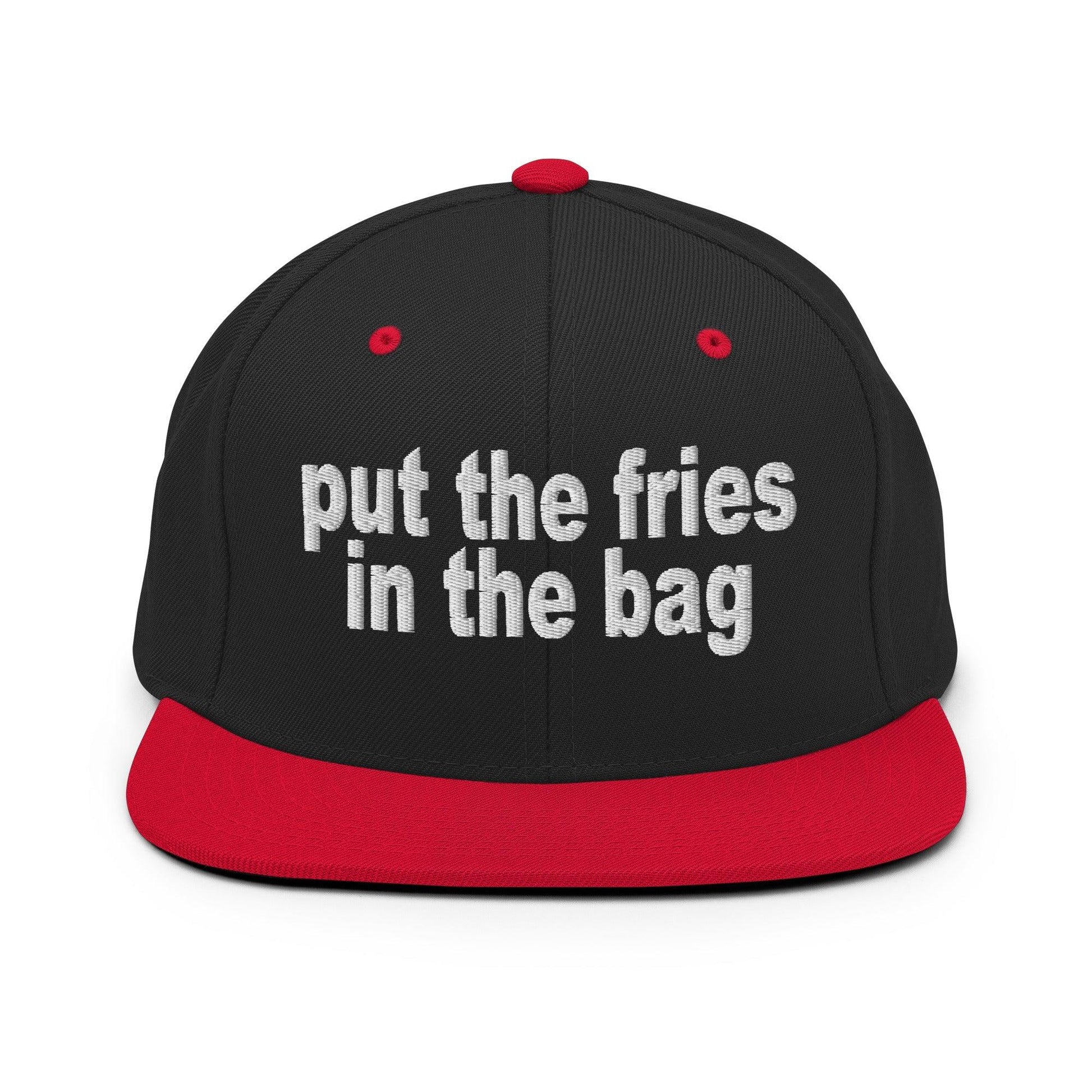 Put the Fries in Bag Embroidered Flat Bill Brim Snapback Hat - Black/ Red