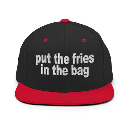 Put the Fries in Bag Embroidered Flat Bill Brim Snapback Hat - Black/ Red