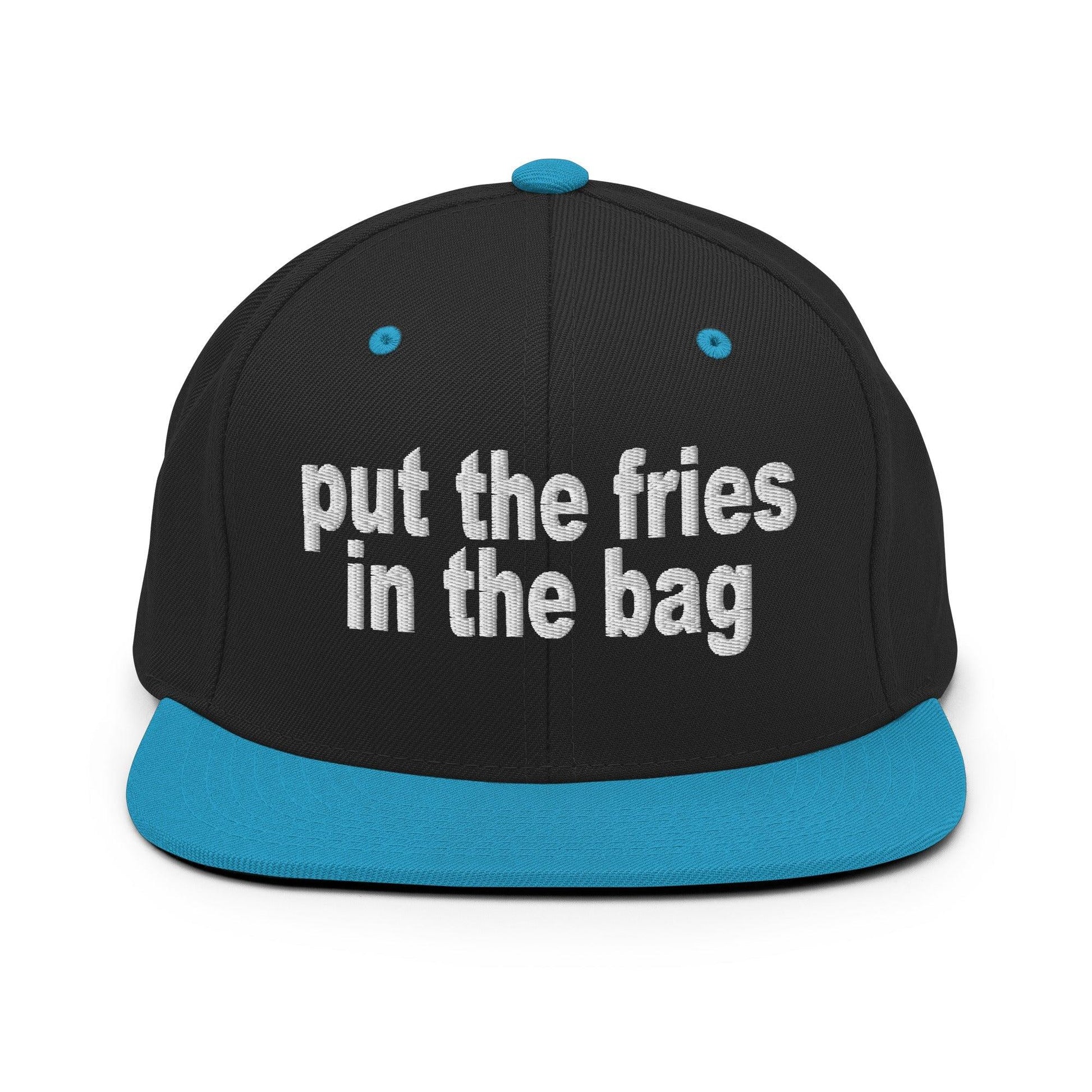 Put the Fries in Bag Embroidered Flat Bill Brim Snapback Hat - Black/ Teal