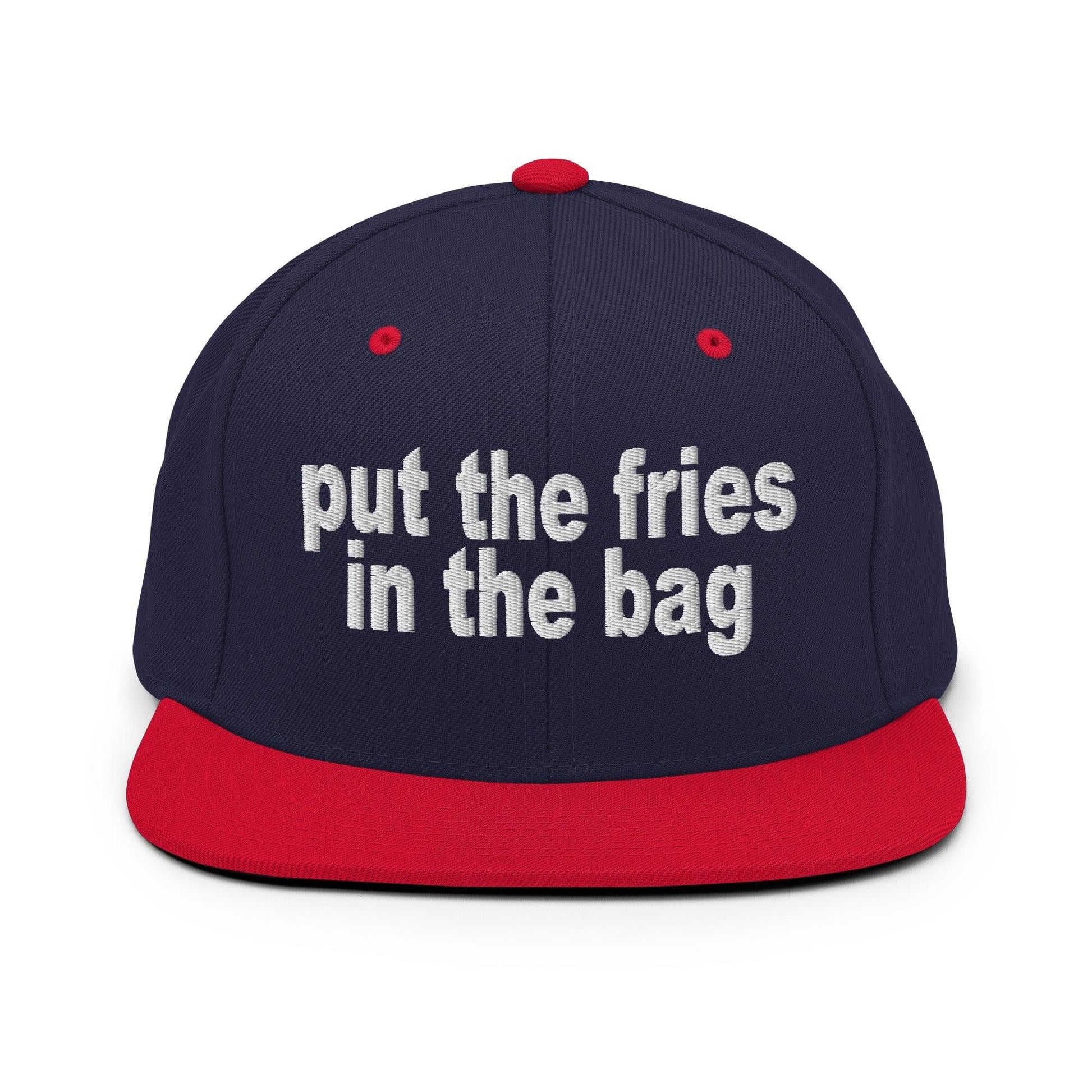 Put the Fries in Bag Embroidered Flat Bill Brim Snapback Hat - Navy/ Red