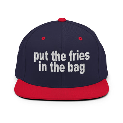 Put the Fries in Bag Embroidered Flat Bill Brim Snapback Hat - Navy/ Red