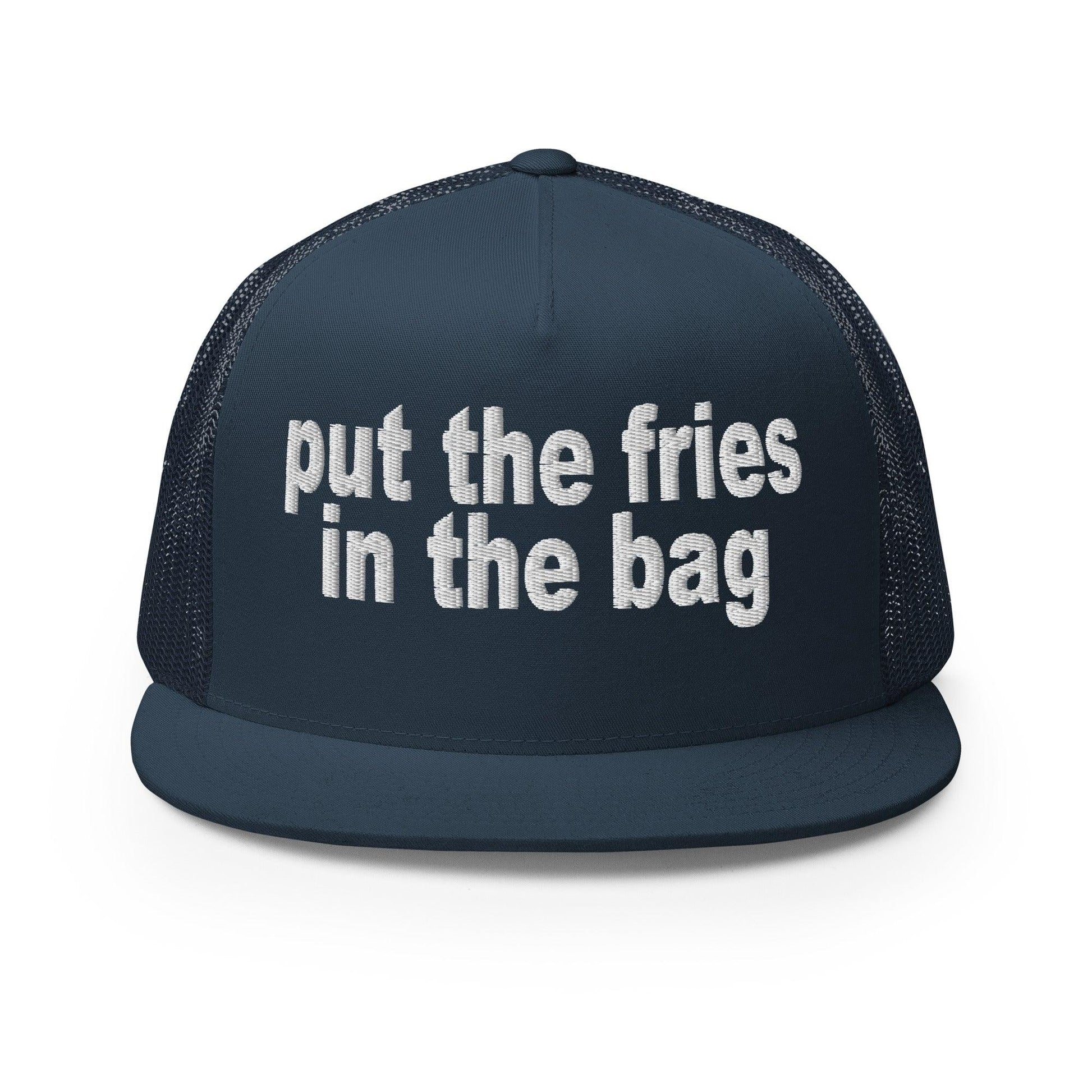 Put the Fries in Bag Embroidered Mesh Flat Bill Brim Trucker Hat - Navy