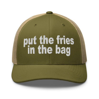 Put the Fries in Bag Embroidered Mesh Trucker Hat - Moss/ Khaki
