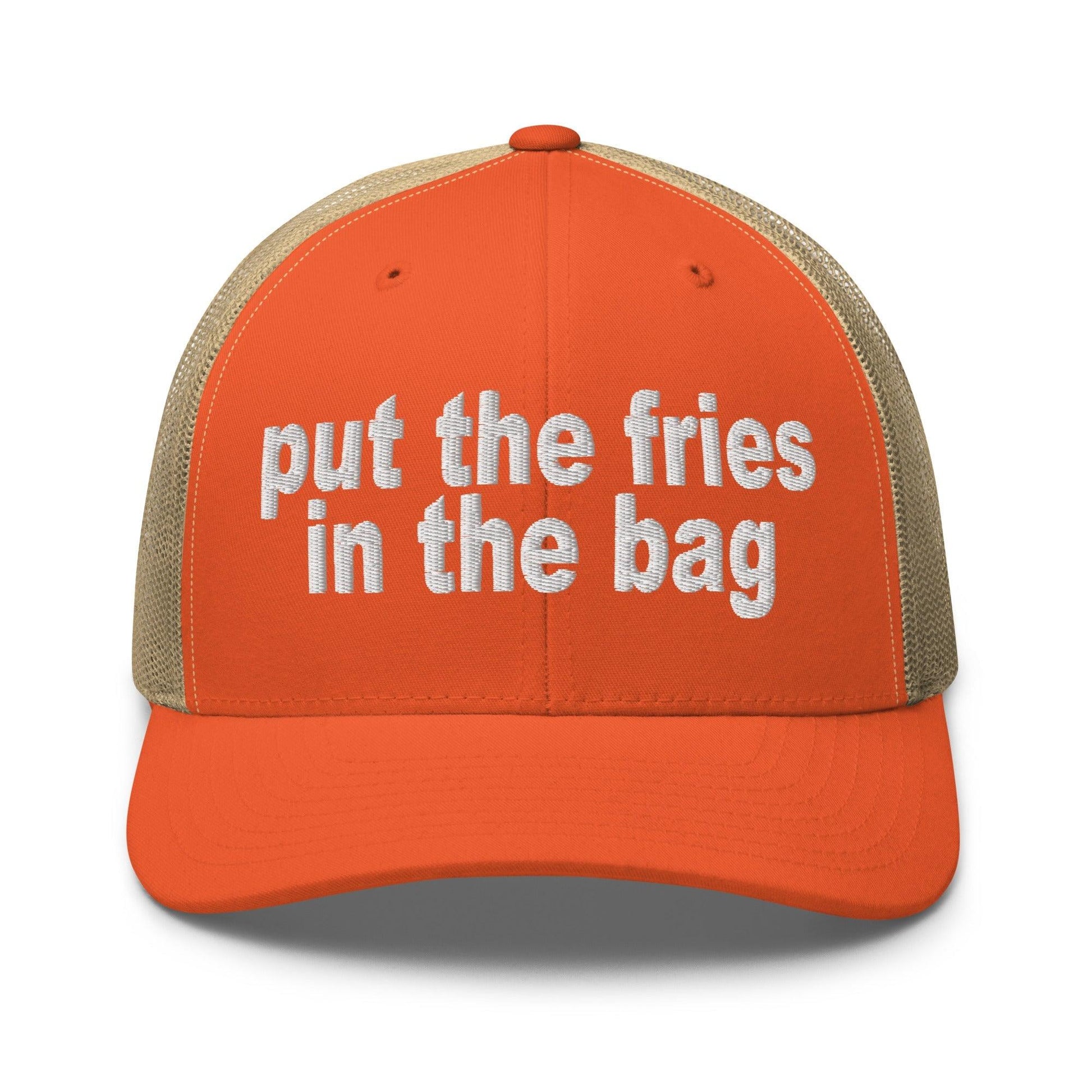 Put the Fries in Bag Embroidered Mesh Trucker Hat - Rustic Orange/ Khaki