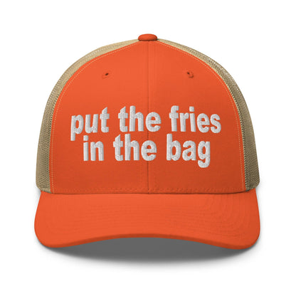 Put the Fries in Bag Embroidered Mesh Trucker Hat - Rustic Orange/ Khaki