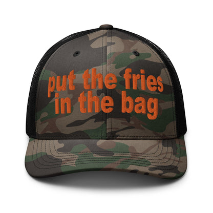 Put the Fries in Bag Embroidered Orange Camo Trucker Hat - Camo/Black