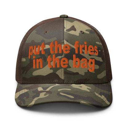 Put the Fries in Bag Embroidered Orange Camo Trucker Hat - Camo/Brown