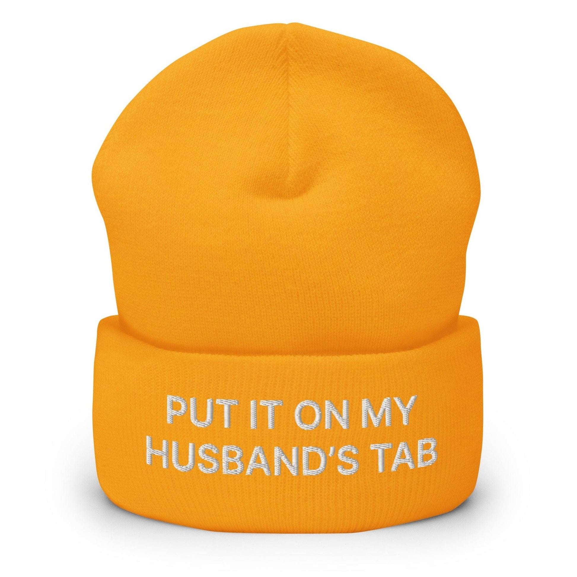 Put It on My Husband’s Tab Embroidered Knit Cuffed Beanie - Gold