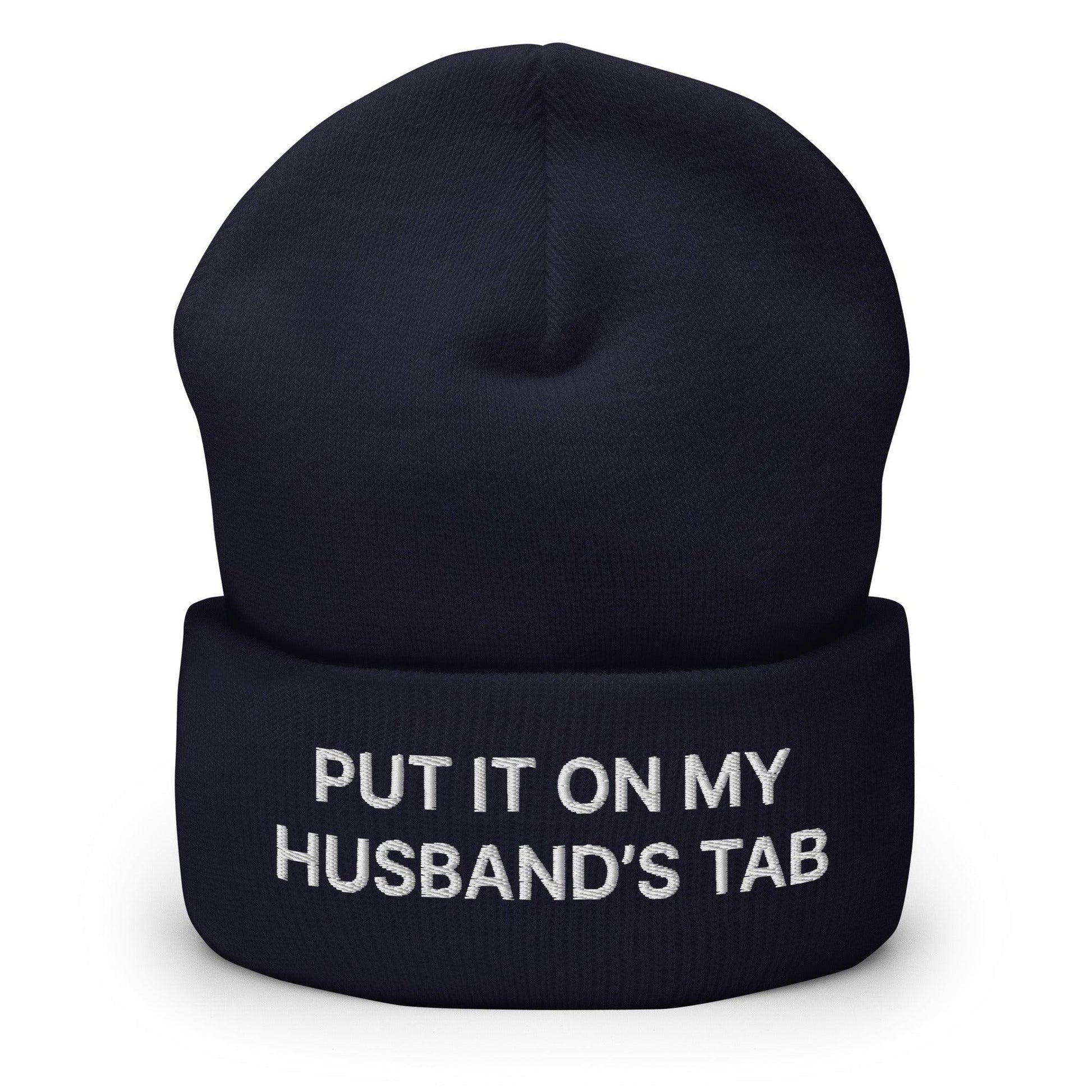 Put It on My Husband’s Tab Embroidered Knit Cuffed Beanie - Navy