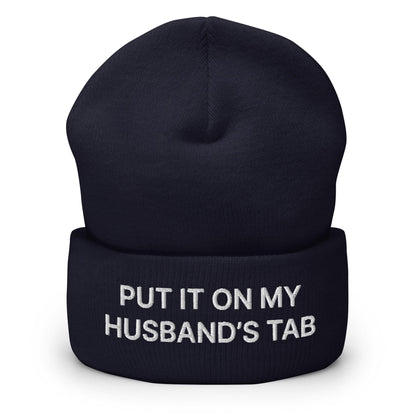 Put It on My Husband’s Tab Embroidered Knit Cuffed Beanie - Navy