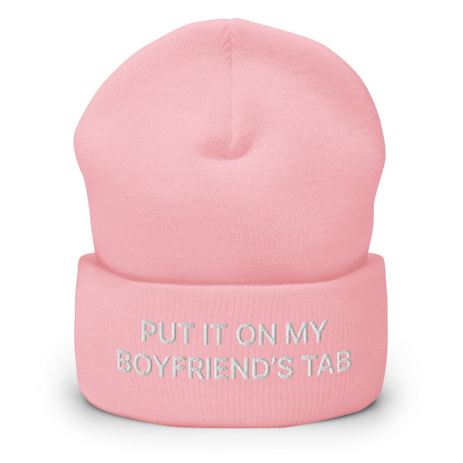 Put It on My Boyfriend’s Tab Embroidered Knit Cuffed Beanie - Baby Pink