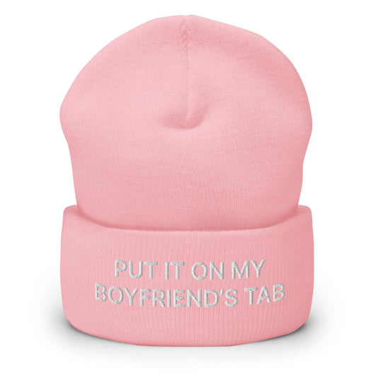 Put It on My Boyfriend’s Tab Embroidered Knit Cuffed Beanie - Baby Pink