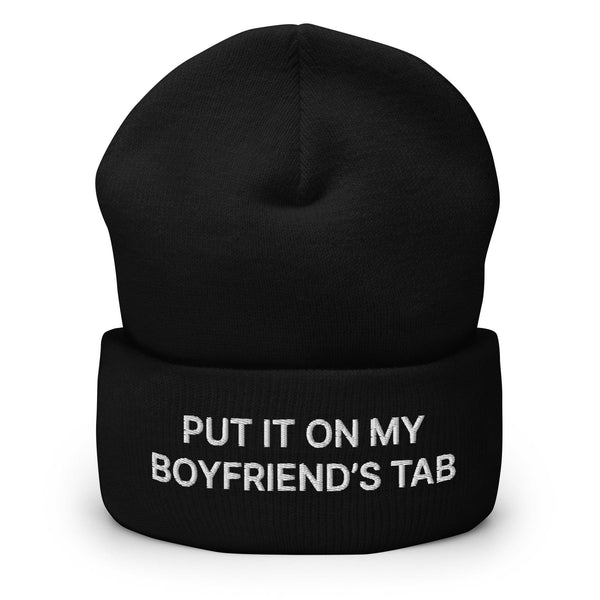 Put It on My Boyfriend’s Tab Embroidered Knit Cuffed Beanie - Black