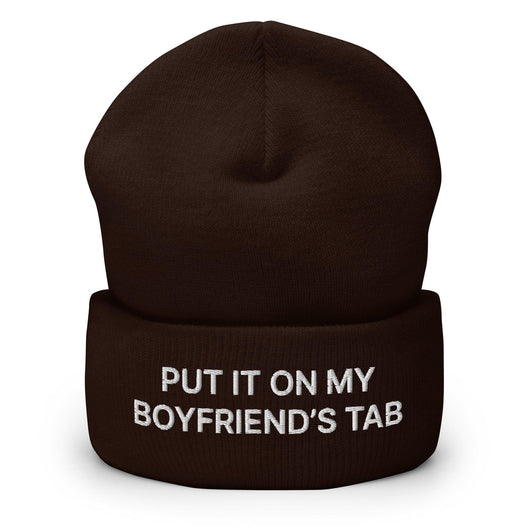 Put It on My Boyfriend’s Tab Embroidered Knit Cuffed Beanie - Brown