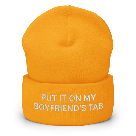Put It on My Boyfriend’s Tab Embroidered Knit Cuffed Beanie - Gold