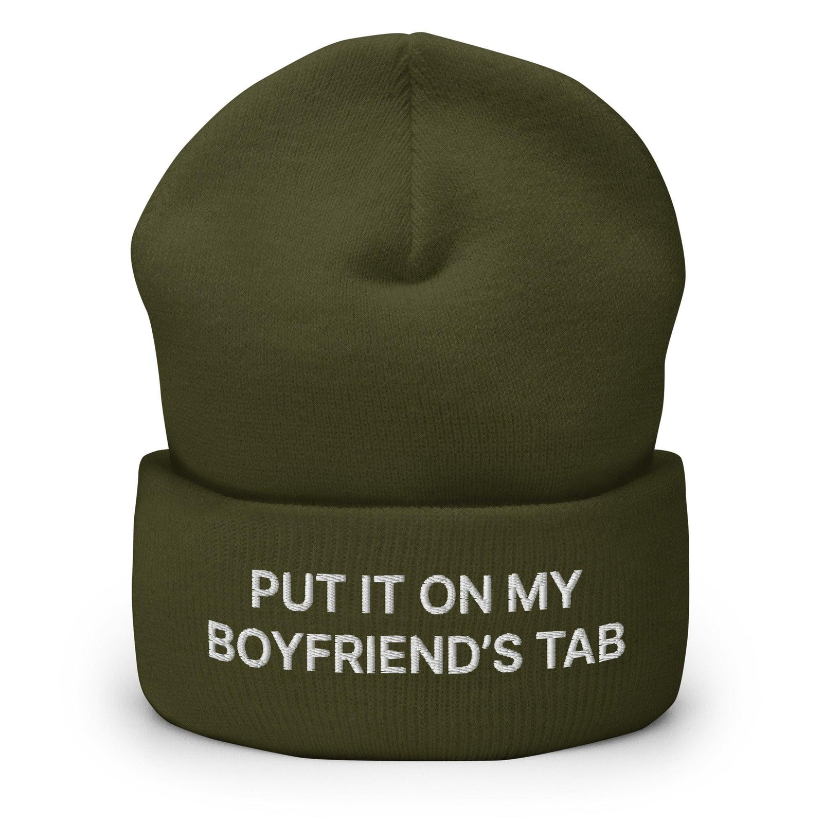Put It on My Boyfriend’s Tab Embroidered Knit Cuffed Beanie - Olive