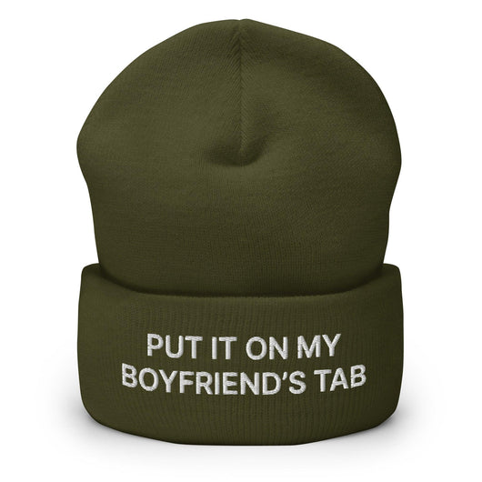 Put It on My Boyfriend’s Tab Embroidered Knit Cuffed Beanie - Olive