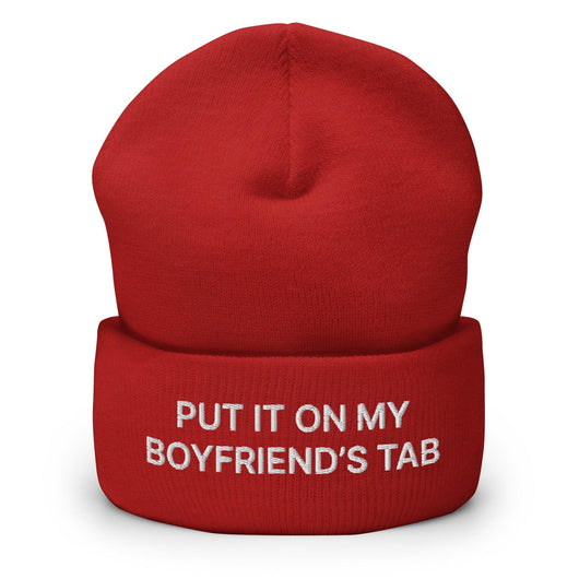 Put It on My Boyfriend’s Tab Embroidered Knit Cuffed Beanie - Red