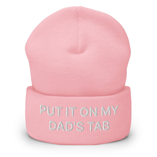 Put It on My Dad’s Tab Embroidered Knit Cuffed Beanie - Baby Pink