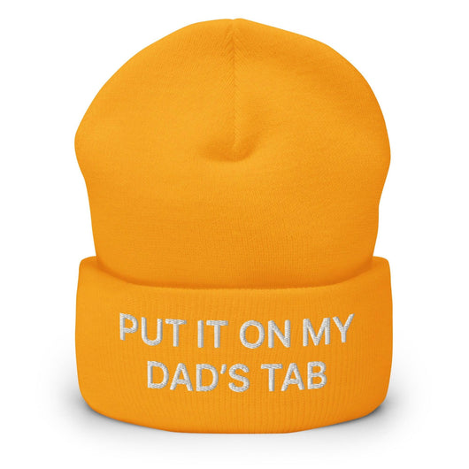 Put It on My Dad’s Tab Embroidered Knit Cuffed Beanie - Gold