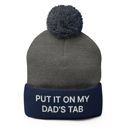 Put It on My Dad’s Tab Embroidered Knit Pom Pom Beanie - Dark Heather Grey/ Navy