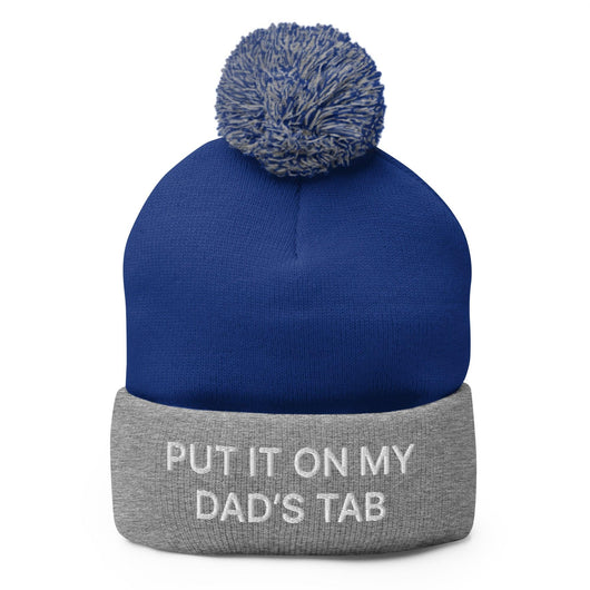 Put It on My Dad’s Tab Embroidered Knit Pom Pom Beanie - Royal/ Heather Grey