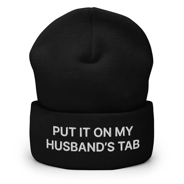 Put It on My Husband’s Tab Embroidered Knit Cuffed Beanie - Black