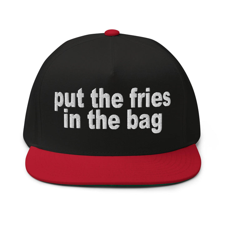 Put the Fries in the Bag Embroidered 5 Panel Flat Bill Brim Snapback Hat - Black/ Red
