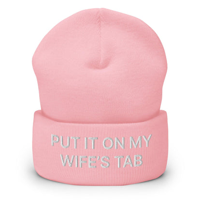 Put It on My Wife’s Tab Embroidered Knit Cuffed Beanie - Baby Pink