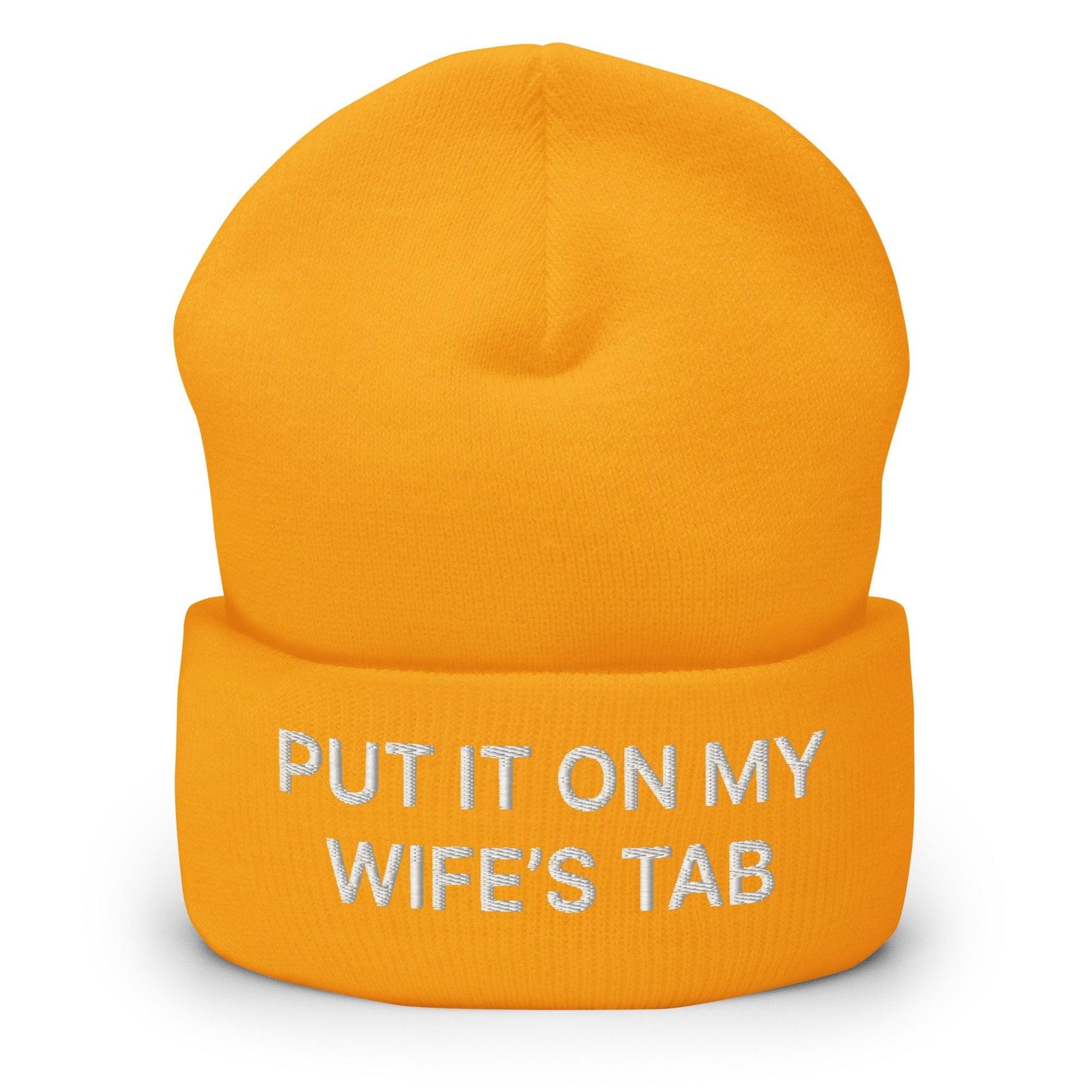 Put It on My Wife’s Tab Embroidered Knit Cuffed Beanie - Gold