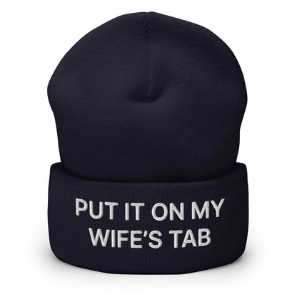 Put It on My Wife’s Tab Embroidered Knit Cuffed Beanie - Navy