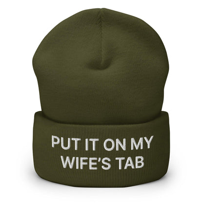 Put It on My Wife’s Tab Embroidered Knit Cuffed Beanie - Olive