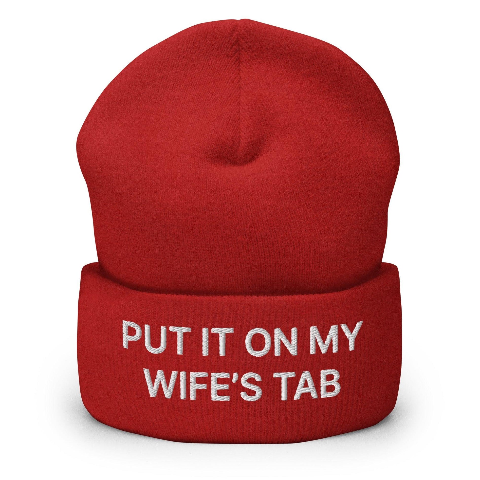 Put It on My Wife’s Tab Embroidered Knit Cuffed Beanie - Red