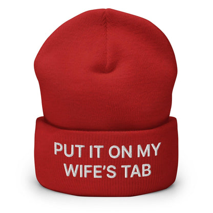 Put It on My Wife’s Tab Embroidered Knit Cuffed Beanie - Red