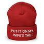 Put It on My Wife’s Tab Embroidered Knit Cuffed Beanie - Red