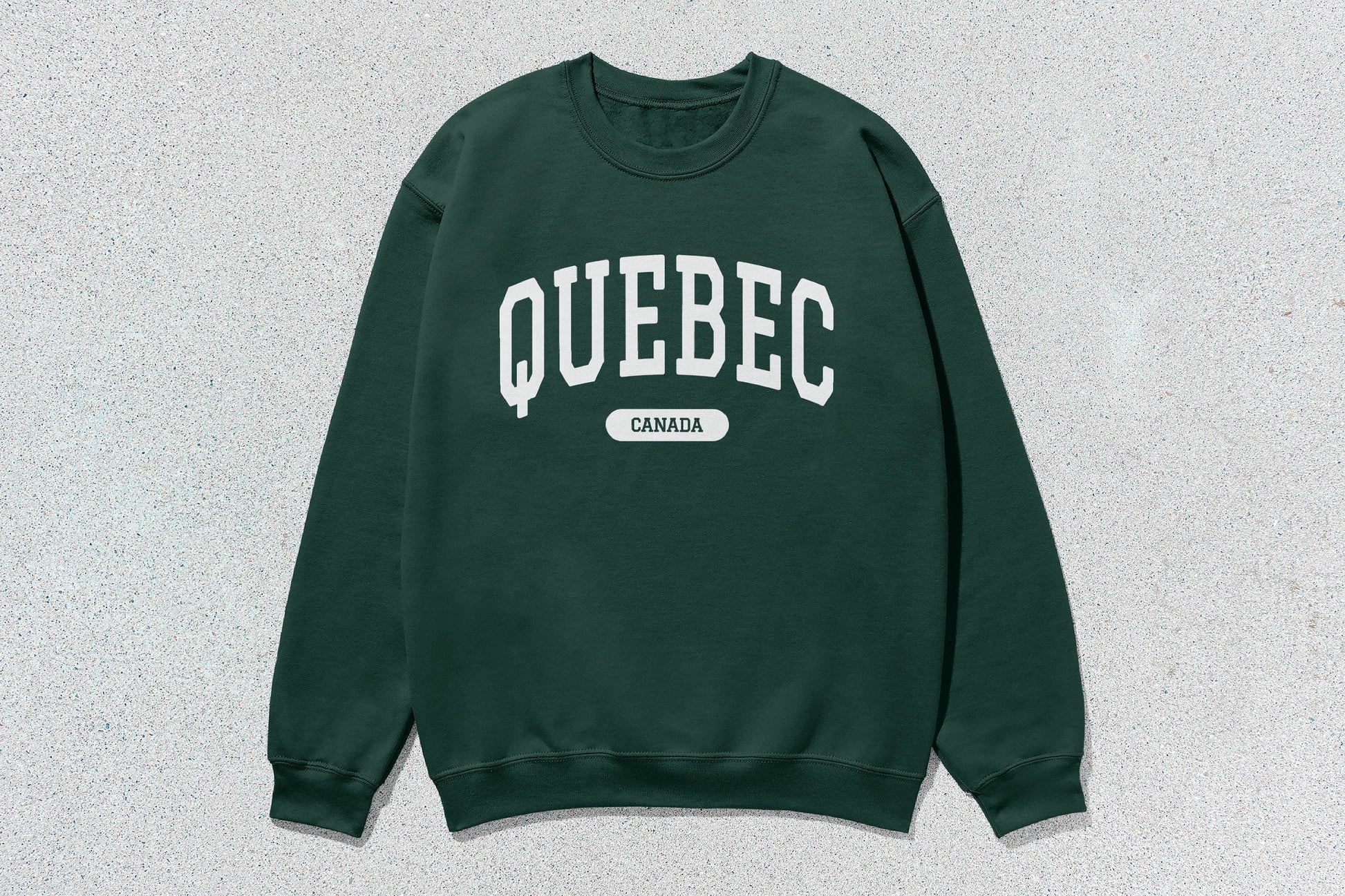Green Quebec unisex heavy crewneck sweatshirt with Quebec Canada text and heavy blend fabric